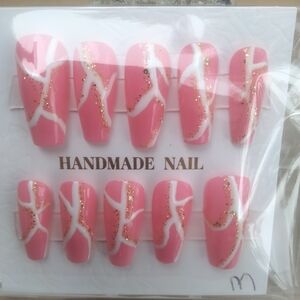 Handmade Pink Marble Press-On Nails with Gold Glitter - Pack